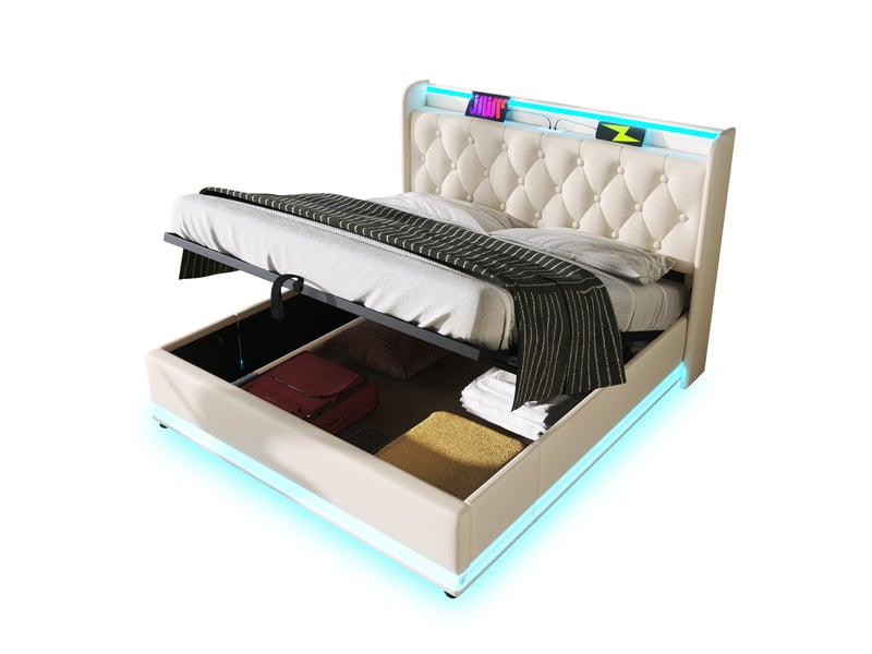Lit coffre 140x190 cm, rangement hydraulique, éclairage led, usb et usb-c, tête de lit avec rangement pour chambre - blanc - Conforama A