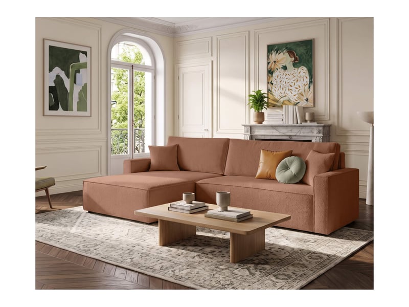  Farah - canapé d'angle max réversible et convertible 5 places accoudoirs slim en tissu bouclettes texturées  - Conforama B