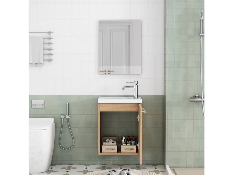  Meuble sous-vasque mural 40x25x48 cm avec lavabo céramique et miroir, chêne  - Conforama W