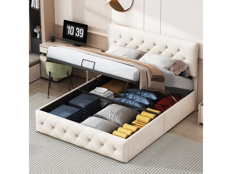  Lit coffre 160x200cm - lit double 160x200 - rembourré en velours avec tête de lit capitonnée et vérins - beige  - Conforama B