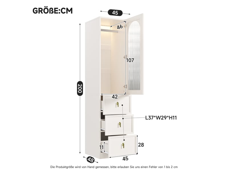  Armoire penderie étroite blanche 45x48x200 cm avec éclairage led, 1 porte en verre cannelé et 3 tiroirs  - Conforama C