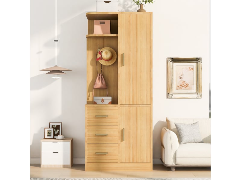 Armoire à une porte avec tiroirs, niches, penderie et crochets pour chambre, en bois naturel, 70 × 50 × 170 cm - Conforama C