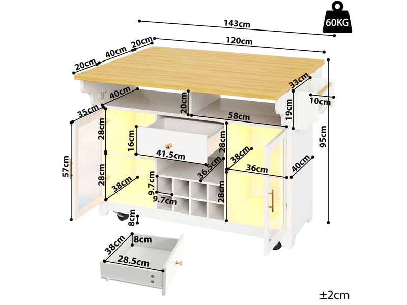  Desserte 120x80x95 cm extensible avec éclairage led rgb mdf et métal blanc  - Conforama E