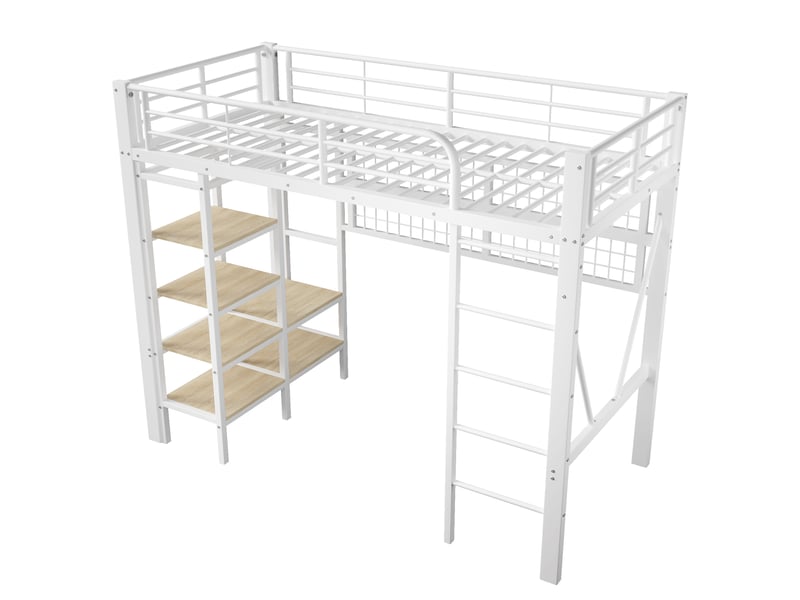 Lit mezzanine 90x200 cm blanc avec led, penderie, filet de rangement et espace ouvert - Conforama D