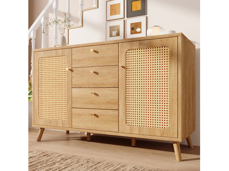 Buffet 140x40x86 cm, 2 portes et 4 tiroirs, mdf, naturel, couleur bois, détails rotin, style nature  - Conforama B
