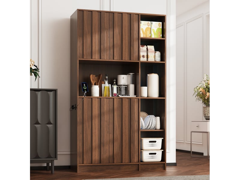  Buffet de cuisine haut avec 2 portes, niches ouvertes, led et prises, pour cuisine et séjour, mdf noyer, 105 × 40 × 180 cm  - Conforama C