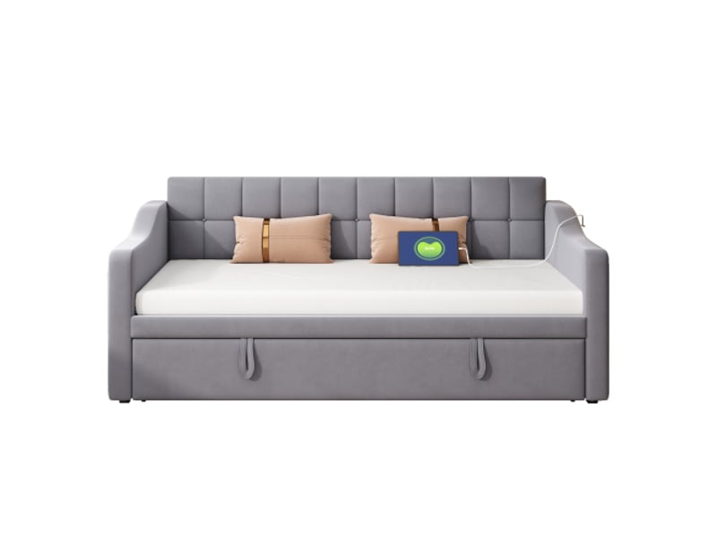  Lit gigogne 90x190 cm, extensible et avec ports usb, en velours, gris, sans matelas  - Conforama A