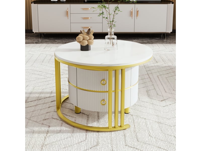  Tables basses 70x70x46 et 50x50x40 cm gigognes, 2 tiroirs, mdf décor marbre et pieds en métal doré, blanc ABC - Conforama E