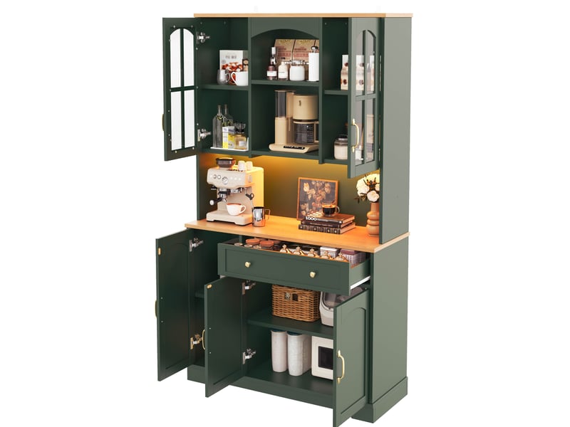  Buffet de cuisine haut avec 2 portes vitrées, 1 tiroir, étagères réglables et éclairage led pour cuisine, vert  - Conforama A