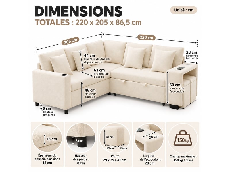 Canapé d'angle réversible convertible 5 places avec coffre, pouf, ports usb-c et porte-gobelets, chenille beige, 220 cm - Conforama C