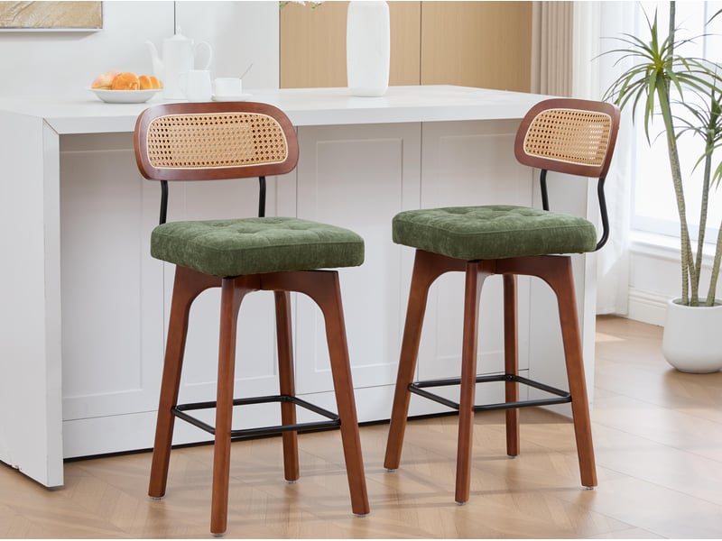  Lot de 2 tabourets de bar pivotants avec dossier effet rotin et assise en chenille beige, piètement bois et métal, design pour îlot central et cuisine  - Conforama B