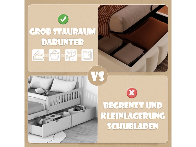  Lit d'enfant 90 x 200 cm, avec éclairage led, tête de lit, rangement à vérins hydrauliques, en velours, beige  - Conforama W