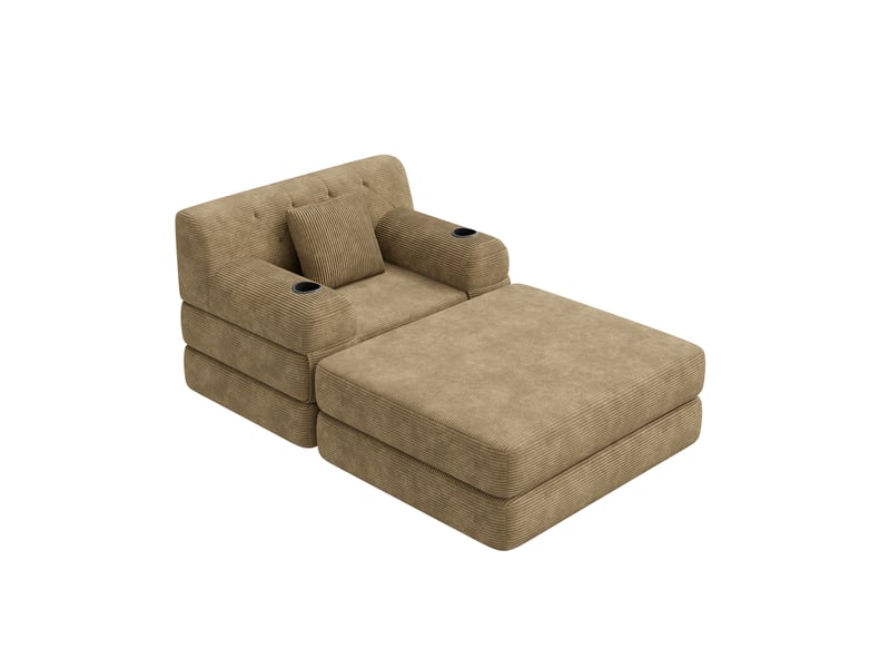  Canapé droit convertible 1 place avec pouf en velours côtelé taupe, dossier haut et 2 porte-gobelets  - Conforama A