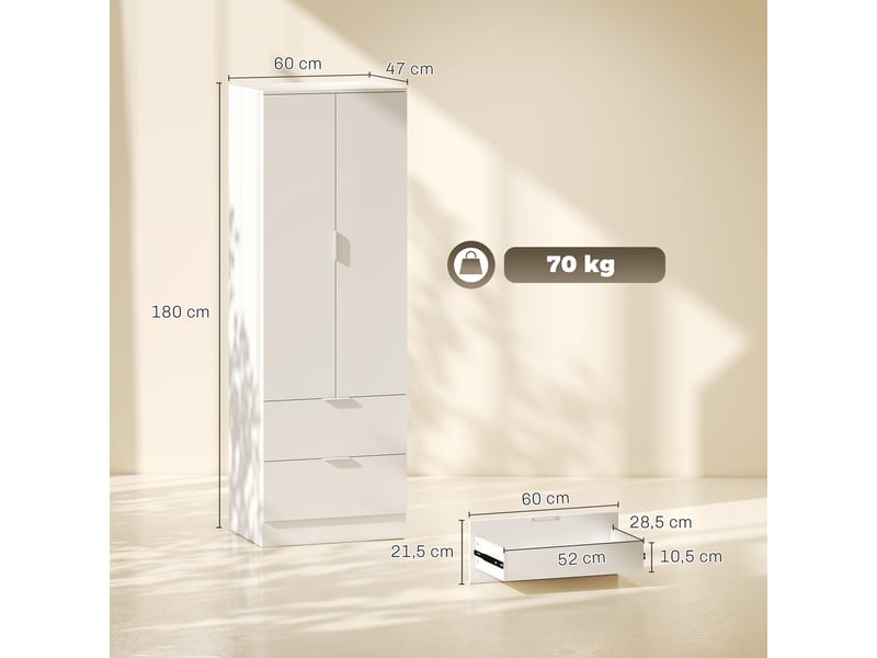  Armoire chambre penderie avec 2 tiroirs, 2 portes à fermeture douce et barre de suspension, 60 x 47 x 180 cm, blanc  - Conforama C