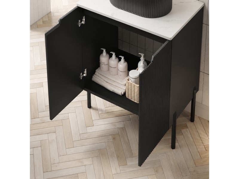  Meuble vasque noir 76 cm avec plan en pierre frittée effet marbre blanc  - Conforama B