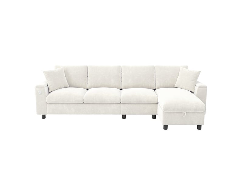  Canapé d'angle modulaire,3 places, accoudoirs avec rangements,en tissu chenille,280x137x84 cm,beige  - Conforama A