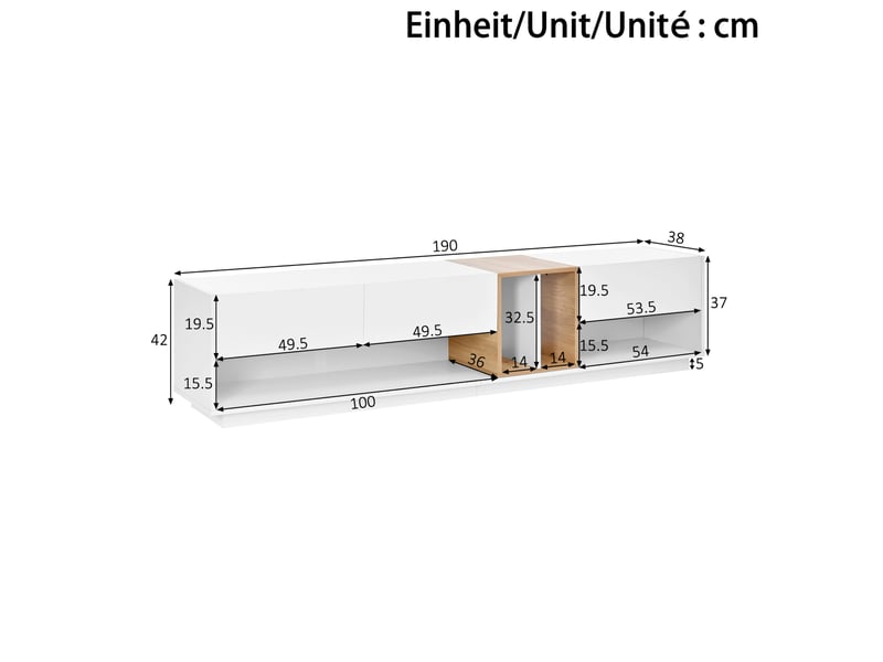  Meuble tv led avec 3 portes 190x38x42 cm blanc en panneau de particules finition brillante  - Conforama C