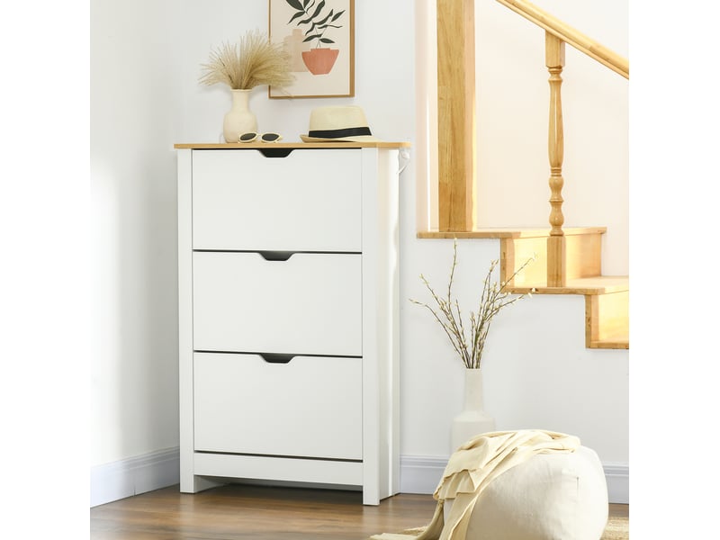  Meuble à chaussures avec 3 compartiments rabattables, plateau de rangement, pour entrée, blanc, 72 × 26 × 112 cm  - Conforama D