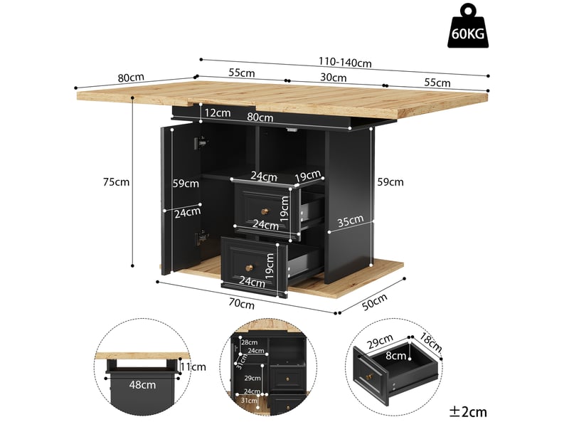 Table à manger extensible 110–140x80x75 cm, coffre et 2 tiroirs, mécanisme télescopique, mdf+métal, bois naturel - Conforama C