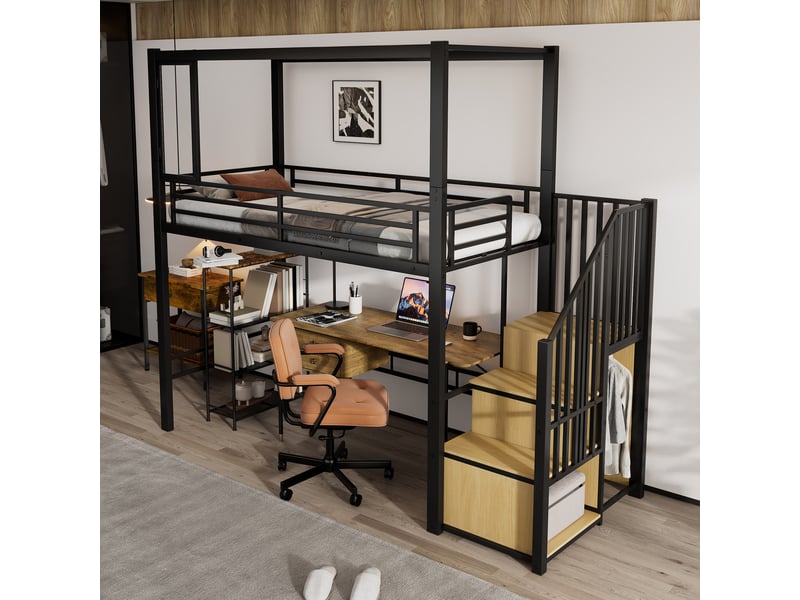Lit mezzanine 90x200 cm avec escalier à rangement et penderie - lit enfant en métal noir - sans matelas - Conforama W