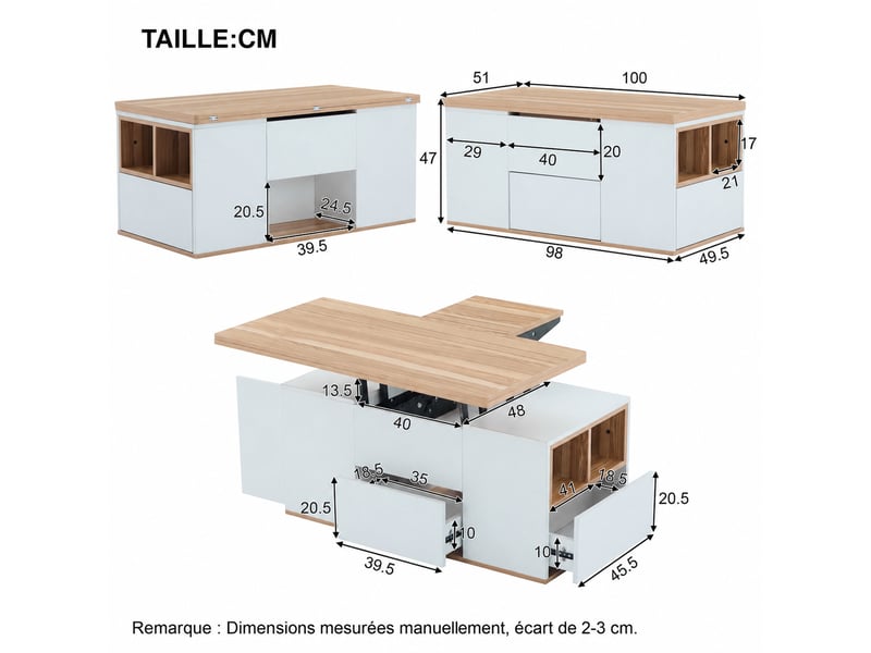  Table basse relevable multifonctionnelle – 100 x 51 x 47 cm – blanc et bois  - Conforama D