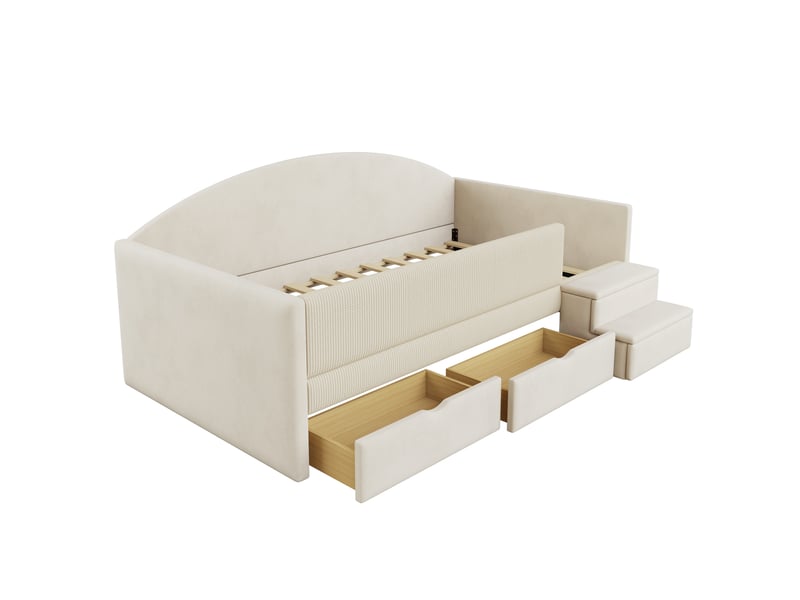  Lit banquette enfant rembourré 1 place 90x190 cm avec 2 tiroirs, garde-corps rembourré, marches antidérapantes, sommier à lattes, velours beige  - Conforama D