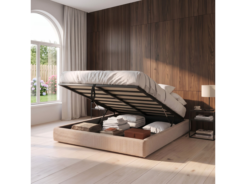  Lit coffre ouverture latérale et frontale 200x200 cm - tissu mesh 3d beige - collection parallèle C02-LTC74-P 200/200 3DBE - Conforama B