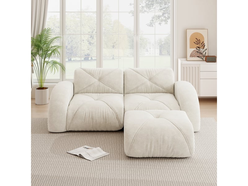 Canapé modulaire 2 places avec pouf, assise en mousse haute densité et tissu chenille beige clair - Conforama C