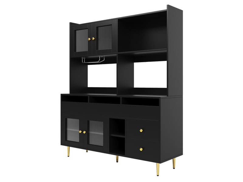 Buffet haut 145x39x171 cm avec portes en verre et rangement pour verres à vin, mdf et métal, noir avec détails dorés - Conforama E