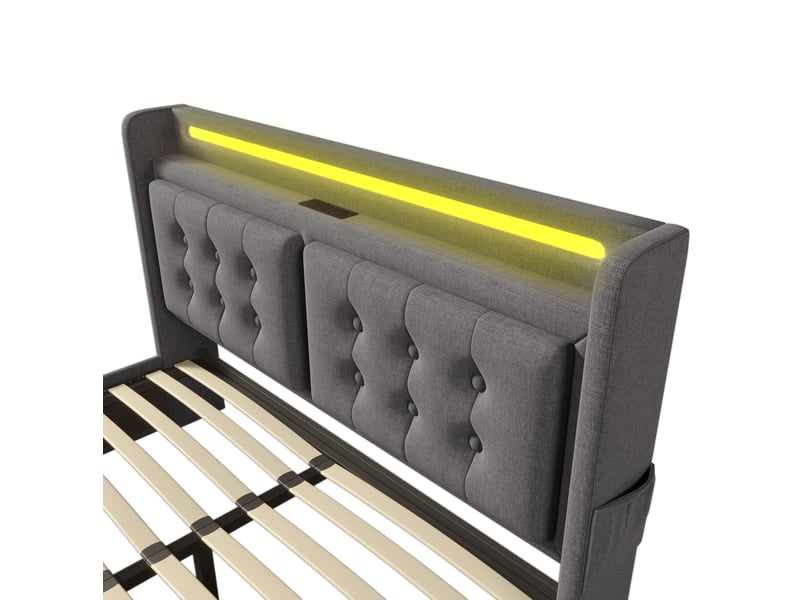  Lit coffre 160 × 200 cm 2 places avec led, usb et type-c, rangement hydraulique, avec matelas, en tissu gris  - Conforama E