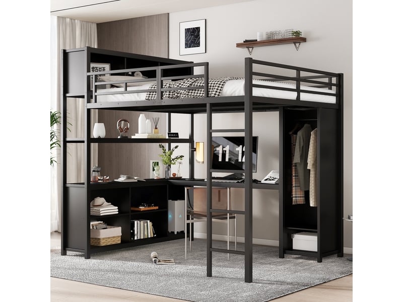  Lit surélevé en métal 140 × 200 cm, avec plusieurs étagères, armoire et bureau, compartiments de rangement au niveau supérieur, adapté aux adolescents, noir  - Conforama C