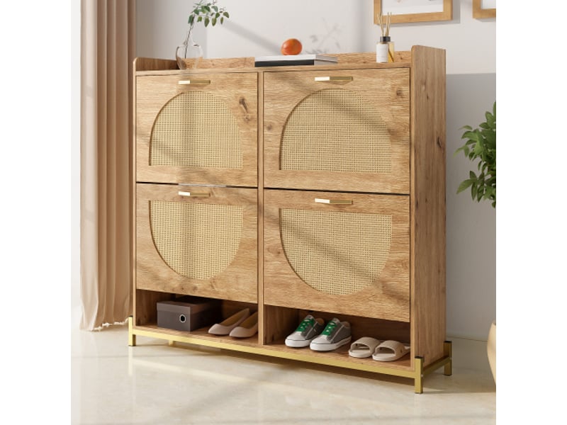  Meuble chaussures bois &amp; rotin 4 portes - structure métal, étagère supérieure - rangement élégant organisé,108,5x24x100cm  - Conforama B