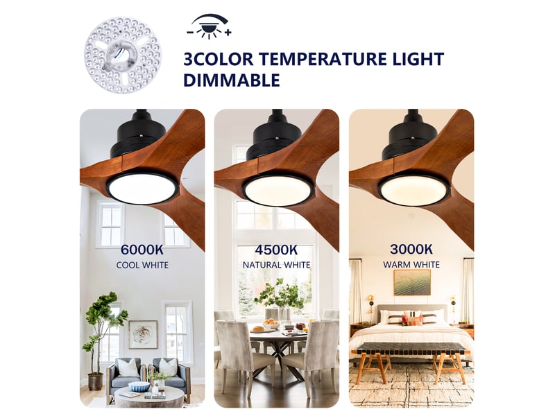 Ventilateur de plafond 152 cm éclairage led 3 couleurs dimmable 3 pales métal et bois noyer et noir réversible 6 vitesses - Conforama C