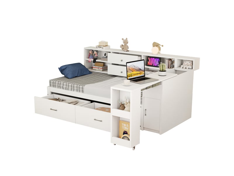  Lit simple 90x200 cm avec rangement, 4 tiroirs et bureau coulissant, pin, blanc, sans matelas  - Conforama A