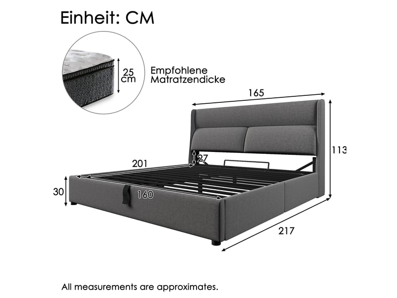  Lit coffre 160 × 200 cm 2 places avec tête de lit réglable, rangement hydraulique, matelas inclus, en lin gris  - Conforama D
