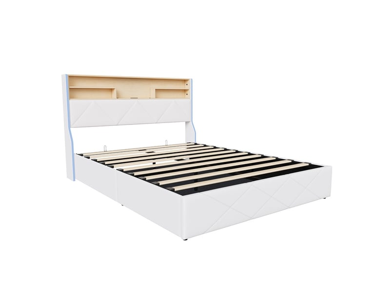  Lit 160x200cm - lit coffre 160x200cm - lit rembourré similicuir hydraulique, tête de lit étagère, led et ports usb type-c - blanc  - Conforama A