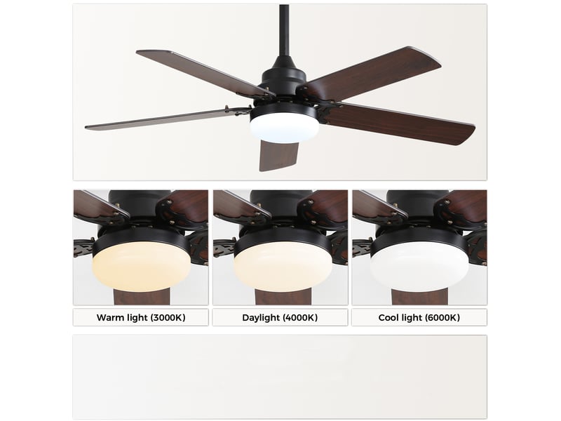  Ventilateur de plafond led 106 cm avec télécommande, moteur dc silencieux réversible, éclairage led dimmable 18w, finition noyer foncé  - Conforama C