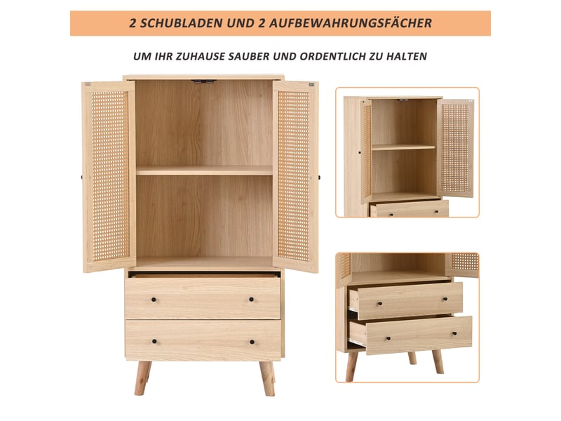  Buffet haut chêne 120 cm commode en bois et rotin 2 portes 2 tiroirs  - Conforama W