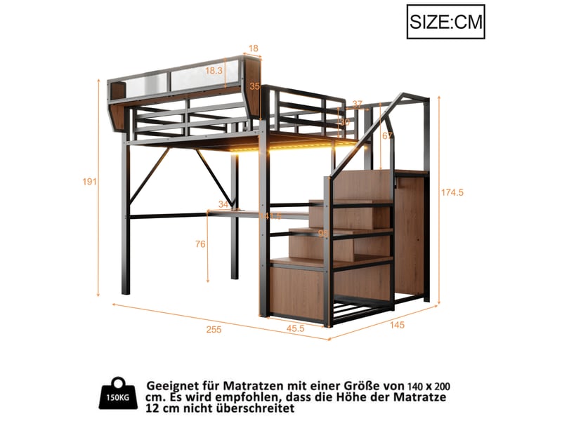  Lit mezzanine 140 × 200 cm avec bureau long, étagères modulables, led et échelle de sécurité, noir 255 × 145 × 191 cm  - Conforama C