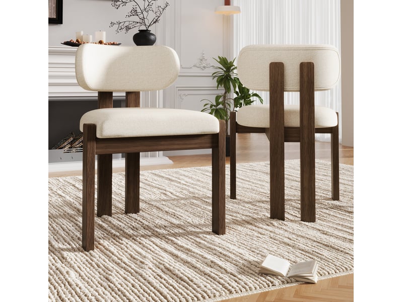  Chaise de salle à manger lot de 2 avec assise et dossier rembourrés en bois couleur noyer et tissu bouclé blanc cassé  - Conforama E