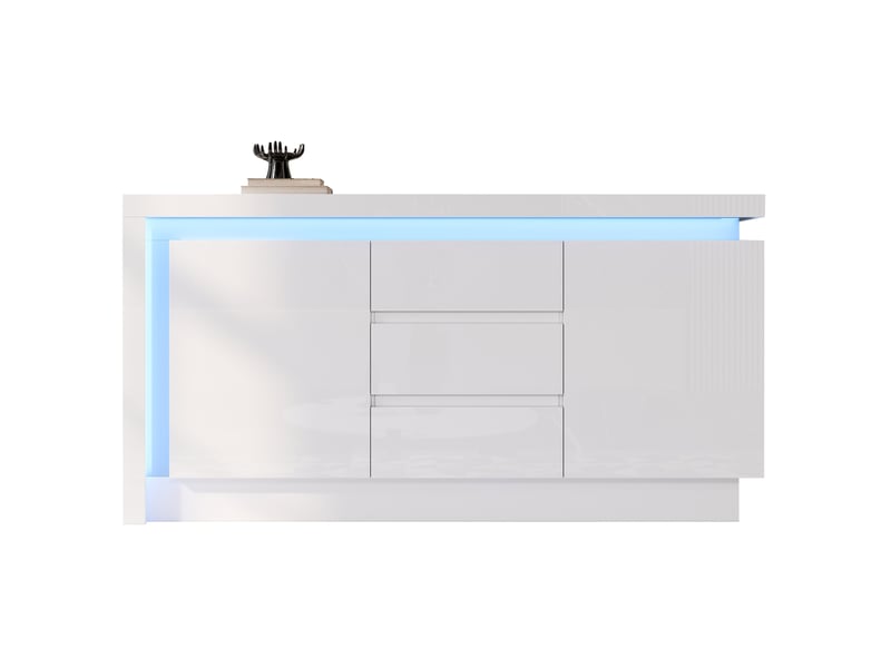  Buffet bas blanc 140 x 35 x 72 cm avec led, 2 portes, 3 tiroirs et étagères réglables  - Conforama A