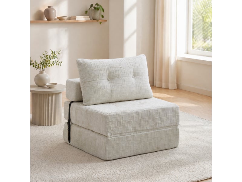 Fauteuil convertible 1 place pliable avec dossier et coussin, matelas dépliable portable pour salon, en chenille beige - Conforama B