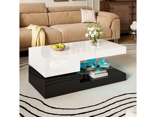 Table basse 90x45x35,5 cm avec led par application, niche et tablette en verre, panneaux de particules brillants, blanc et noir