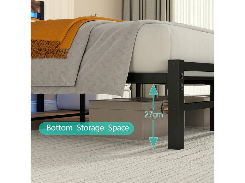  Lit métal 120 × 200 cm 2 places avec led rgb, rangement sous le lit et tête de lit, sans matelas, brun antique  - Conforama E