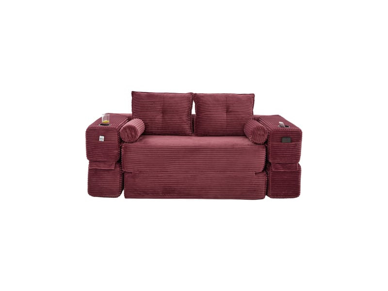  Canapé convertible 2 places velours côtelé bordeaux avec coffre intégré et porte-gobelet pratique  - Conforama A