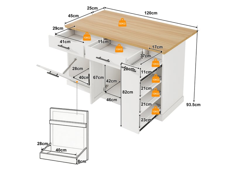 Îlot de cuisine 120x45-70x93 cm avec plateau rabattable, 2 tiroirs, étagère à épices 4 niveaux, rangement, mdf blanc - Conforama C