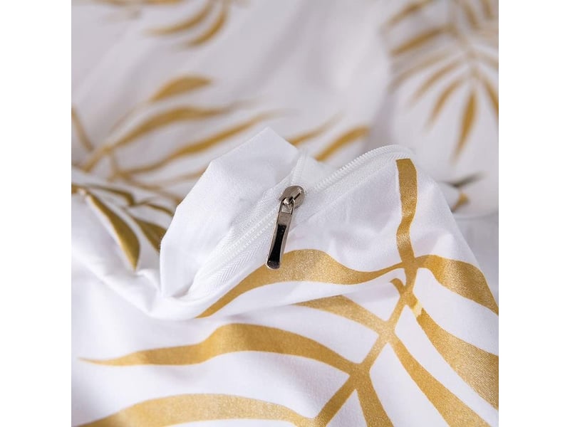  – housse de couette 220x240 cm motif feuilles de palmier or et blanc – parure de lit 3 pièces avec 2 taies d'oreiller 50x75 cm – fermeture éclair  - Conforama C