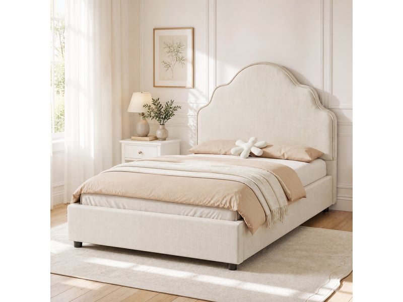  Lit enfant simple 90×200 cm avec tête de lit capitonnée, led  - sans matelas, lin beige  - Conforama B
