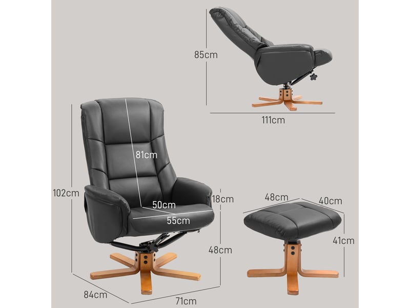  Fauteuil inclinable avec repose-pieds, fonction inclinable, revêtement en similicuir, jusqu'à 150 kg, 71 x 84 x 102 cm, noir  - Conforama E