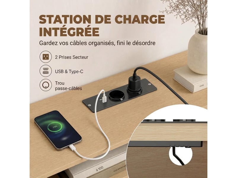  Meuble tv 4 portes avec prises intégrées coloris chêne 140 x 40 x 55 cm  - Conforama D